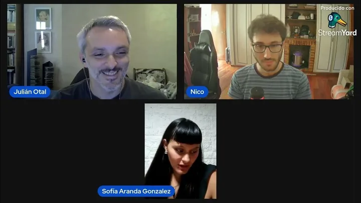 Julián Otal Landi, Nicolás Martorell and Sofía Aranda González during the conversation